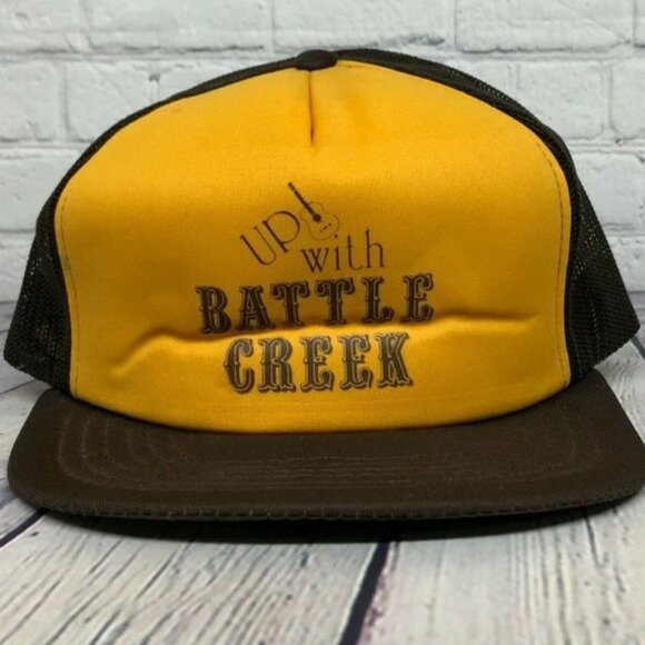 Vintage Hat Cap Snapback Yellow Brown Trucker Mesh Up with Battle Creek One Size - Picture 1 of 7